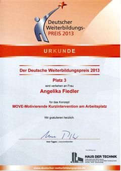 Urkunde 3. Platz für Angelika Fiedler für "Move - Motivierende Gesprächsfürhrung am Arbeitspla