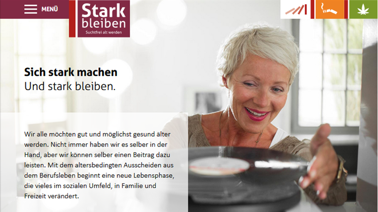 Startseite 'Stark bleiben. Suchtfrei alt werden' im neuen Design